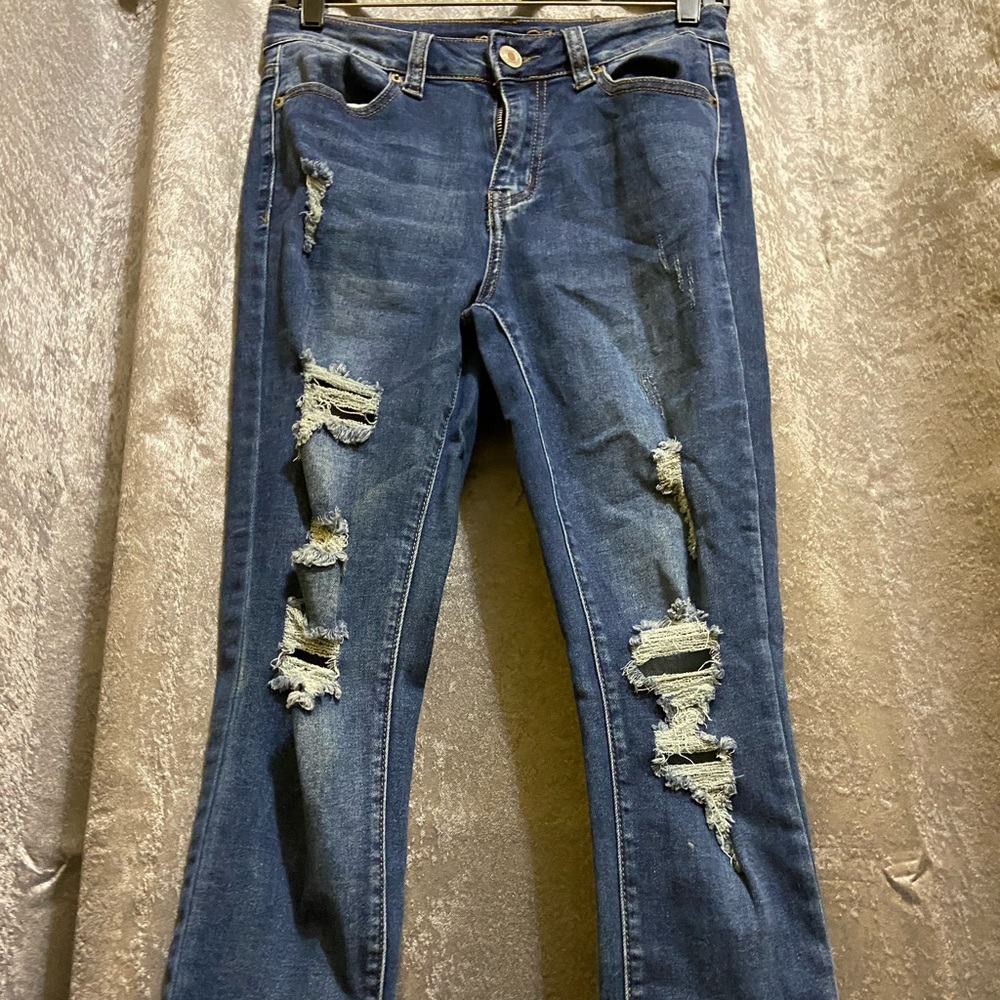 High Rise Distressed Blue Denim Jegging - Picture 3 of 9